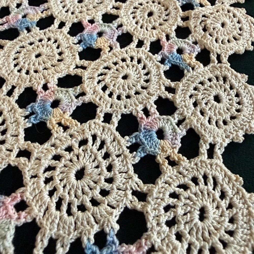 Vintage Handmade Crochet Doily Set Cream Pastel Floral Lace Table Linens 3pc
